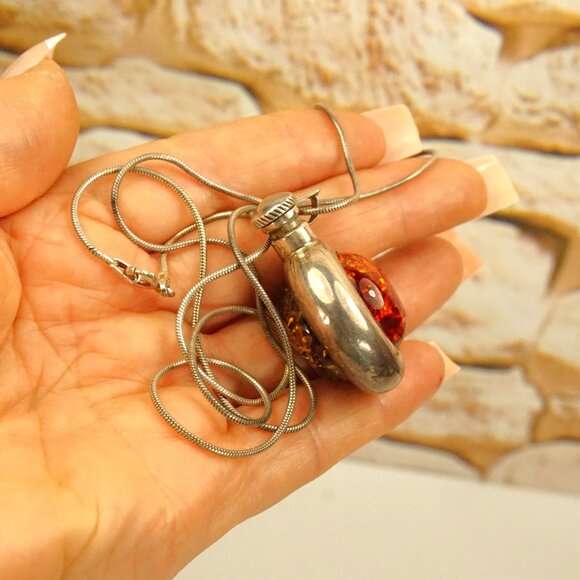 Rare PERFUME BOTTLE PENDANT With 23" Chain, Amber Set In 925 Silver, Rare Gift - Picture 7 of 11